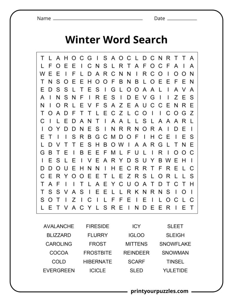 Hard winter word search printable featuring avalanche, frostbite, reindeer, snowflake, and yuletide words.