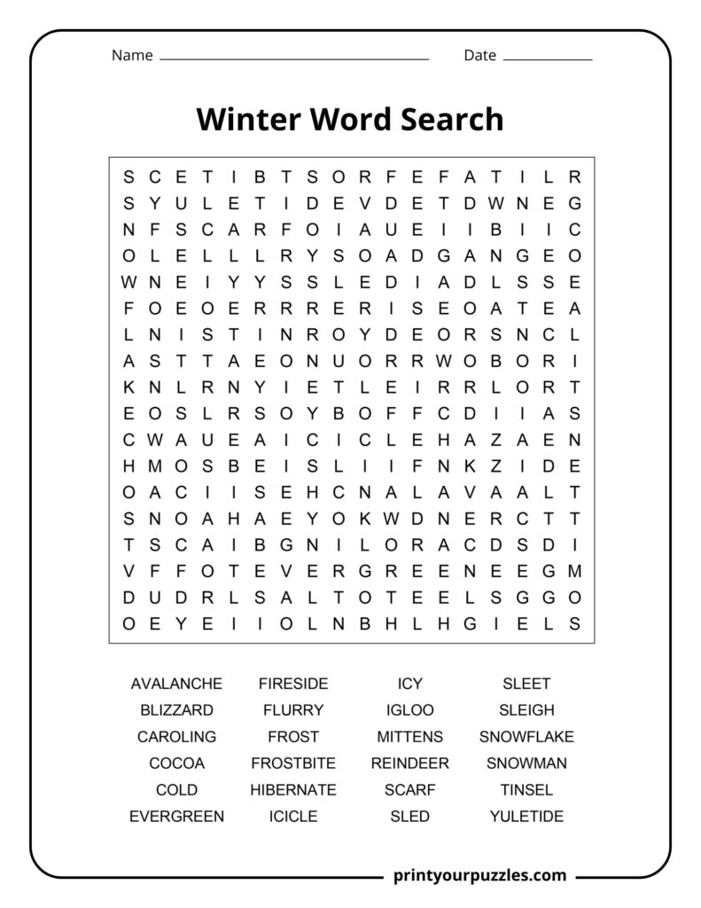 Medium winter word search worksheet with scarf, icicle, sled, evergreen, and snowman vocabulary.