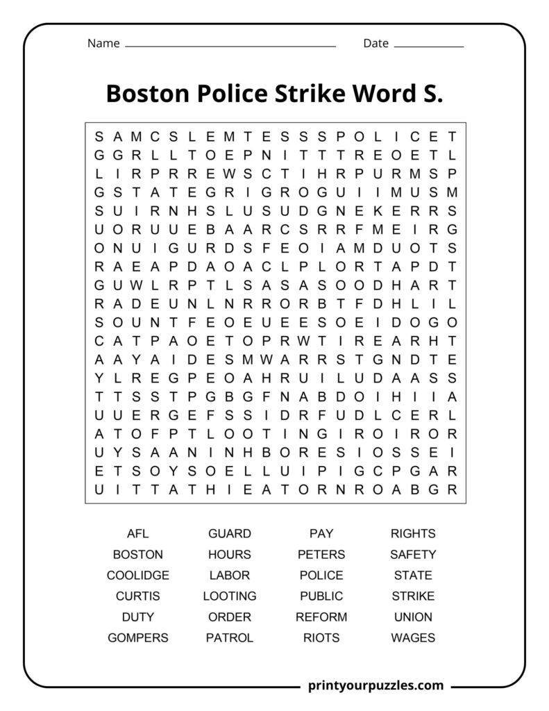Hard Boston Police Strike word search puzzle with 24 terms about labor, policing, unrest, and reform.
