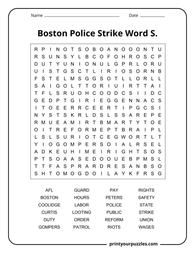 Medium Boston Police Strike word search puzzle with 24 terms about labor, policing, unrest, and reform.
