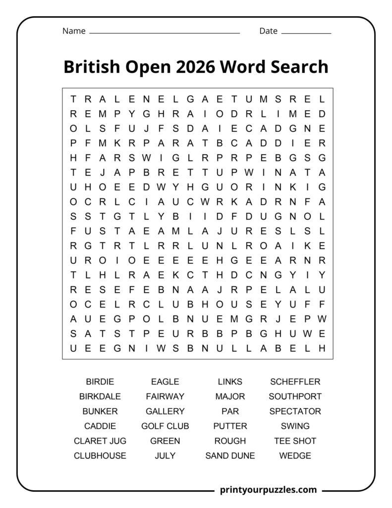 British Open 2026 medium word search printable with golf vocabulary and championship tournament terms.