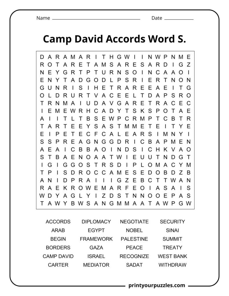 Hard Camp David Accords word search puzzle with 24 terms about diplomacy, peace, leaders, and the Middle East.