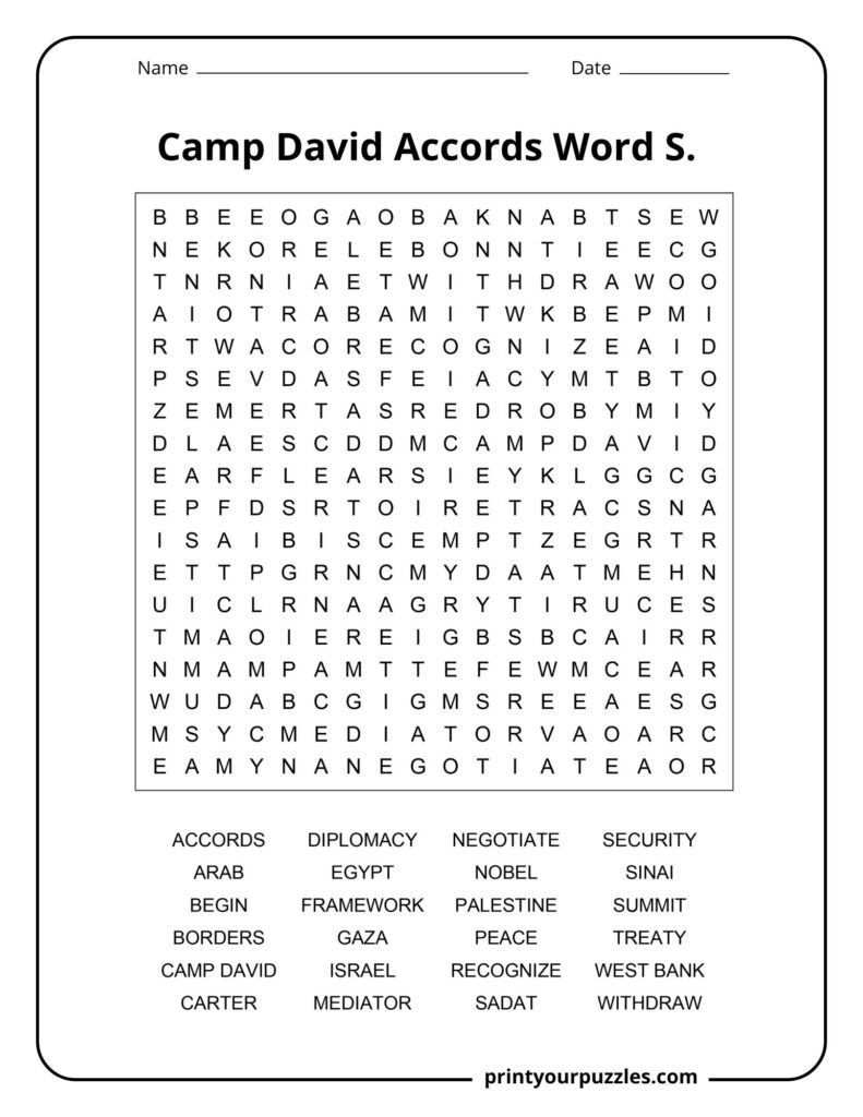 Medium Camp David Accords word search puzzle with 24 terms about diplomacy, peace, leaders, and the Middle East.