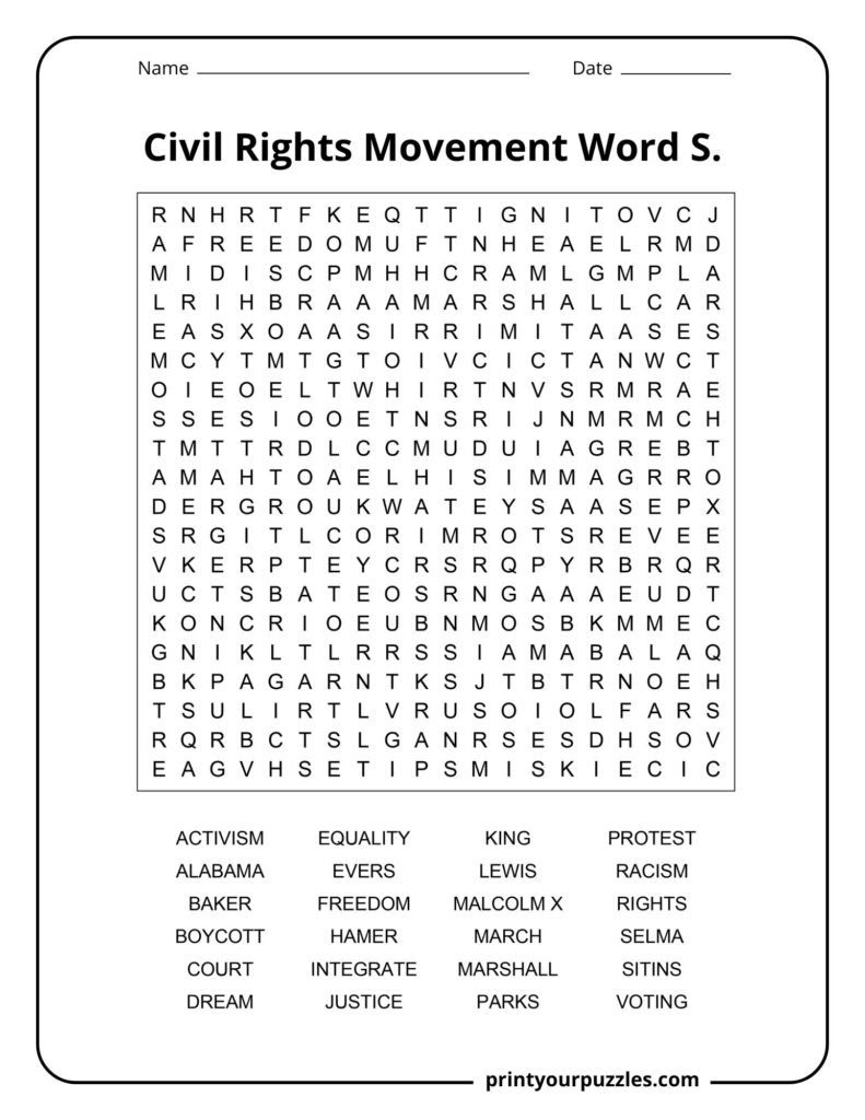 Hard Civil Rights Movement word search puzzle with 24 terms about leaders, protests, equality, and voting rights.