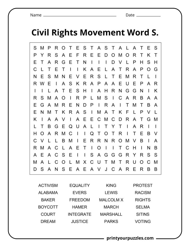 Medium Civil Rights Movement word search puzzle with 24 terms about leaders, protests, equality, and voting rights.