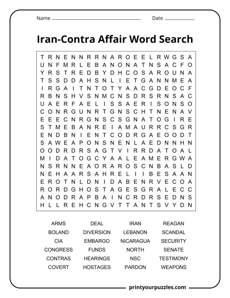 Hard Iran-Contra Affair word search puzzle with 24 terms about politics, arms deals, hearings, and scandal.