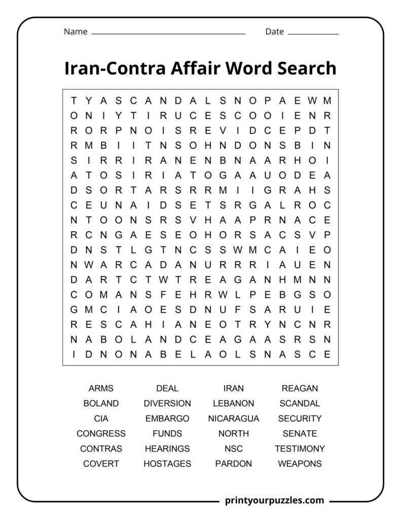 Medium Iran-Contra Affair word search puzzle with 24 terms about politics, arms deals, hearings, and scandal.