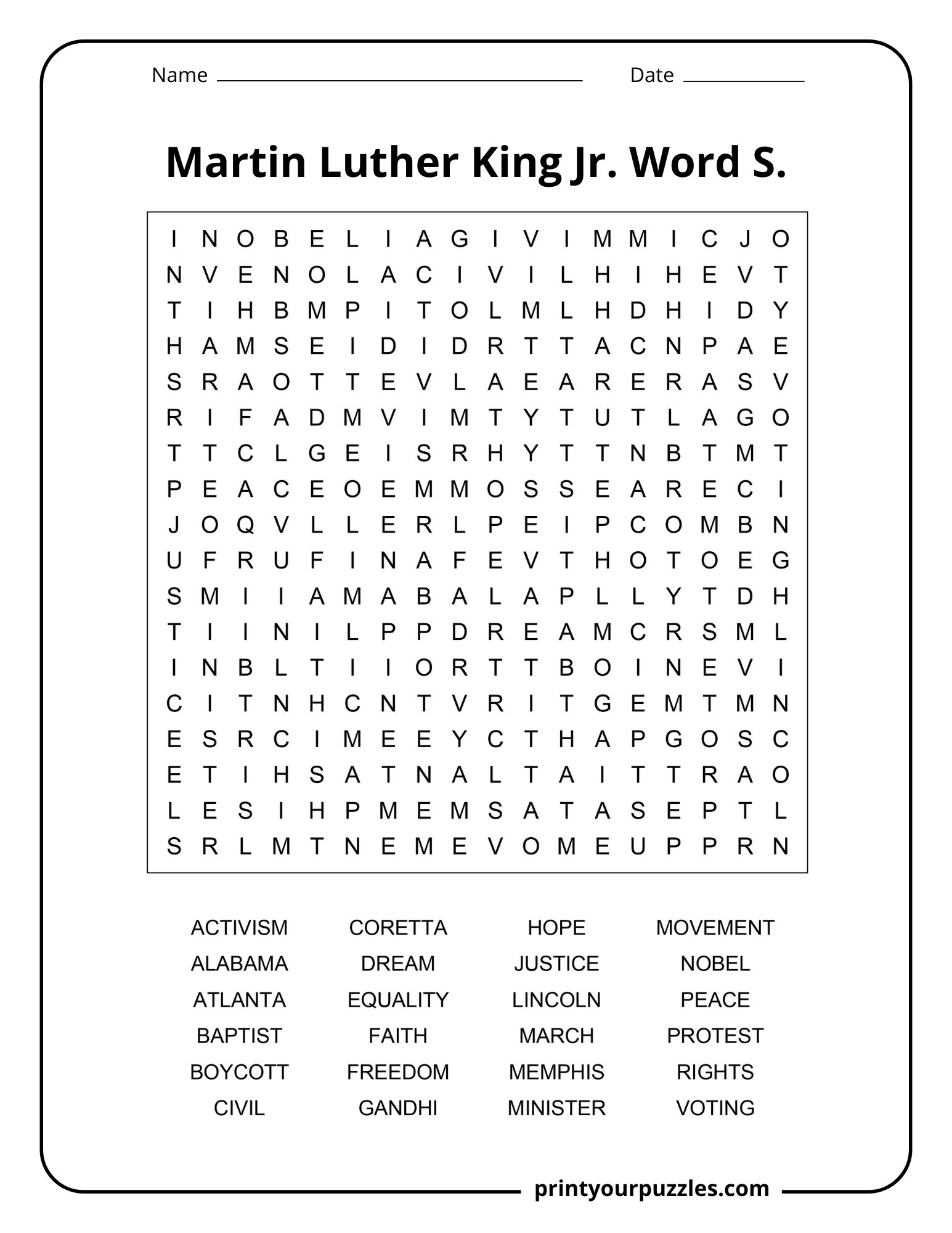 Medium Rosa Parks word search puzzle with 24 civil rights, courage, equality, and justice vocabulary words.