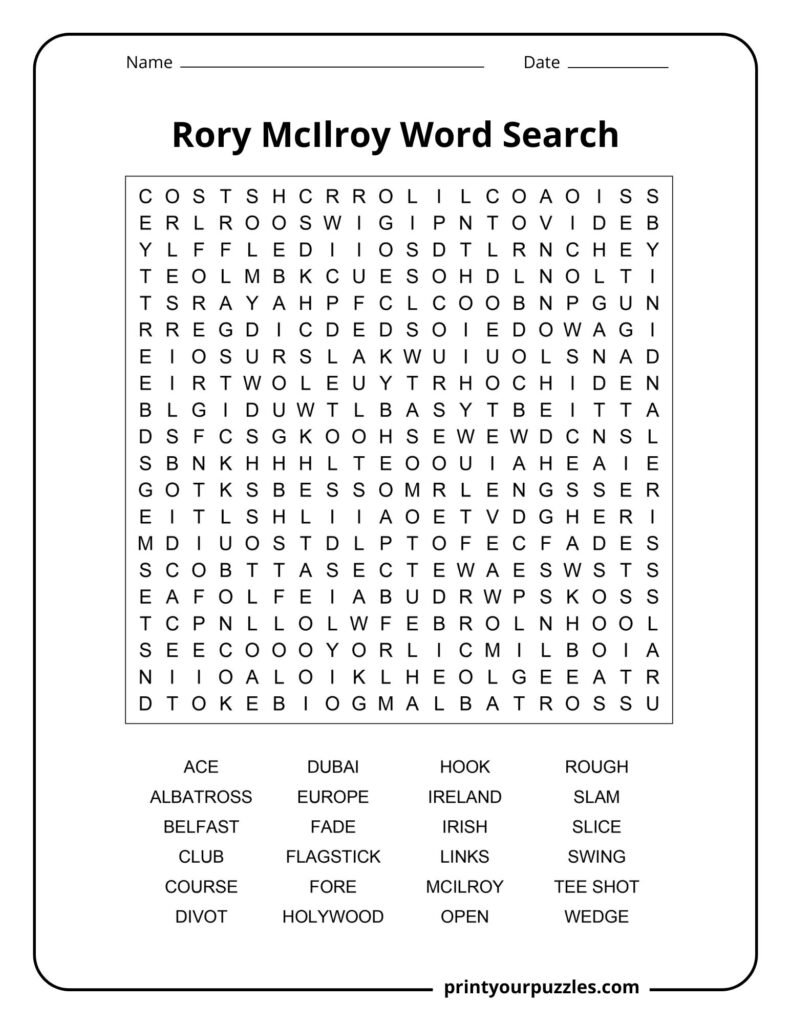Rory McIlroy hard word search puzzle featuring golf terms and career-related championship keywords.
