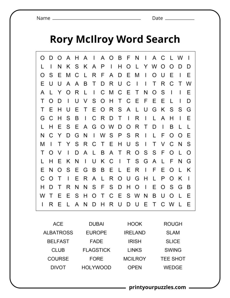 Rory McIlroy medium word search printable with golf vocabulary and major championship related terms.