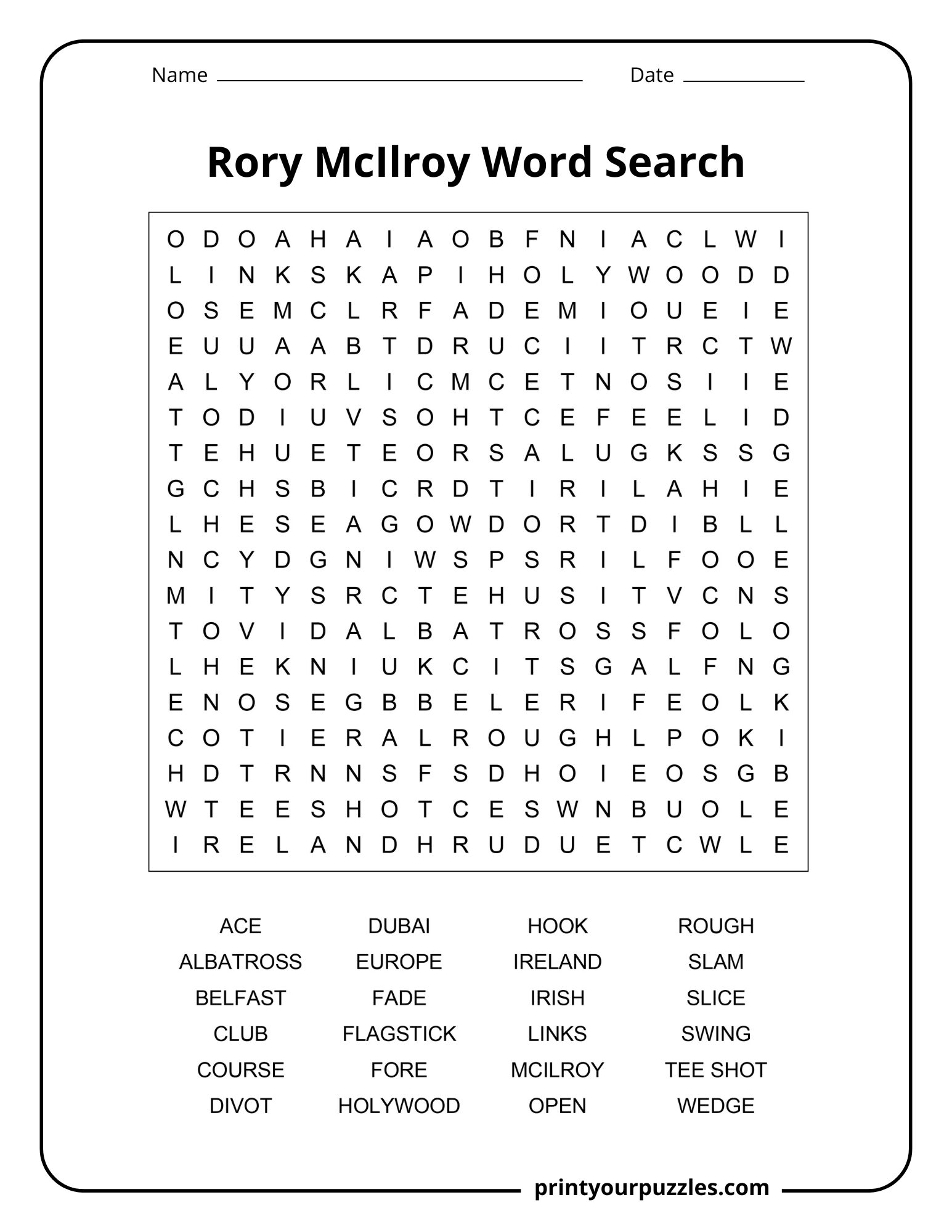 Rory McIlroy medium word search printable with golf vocabulary and major championship related terms.