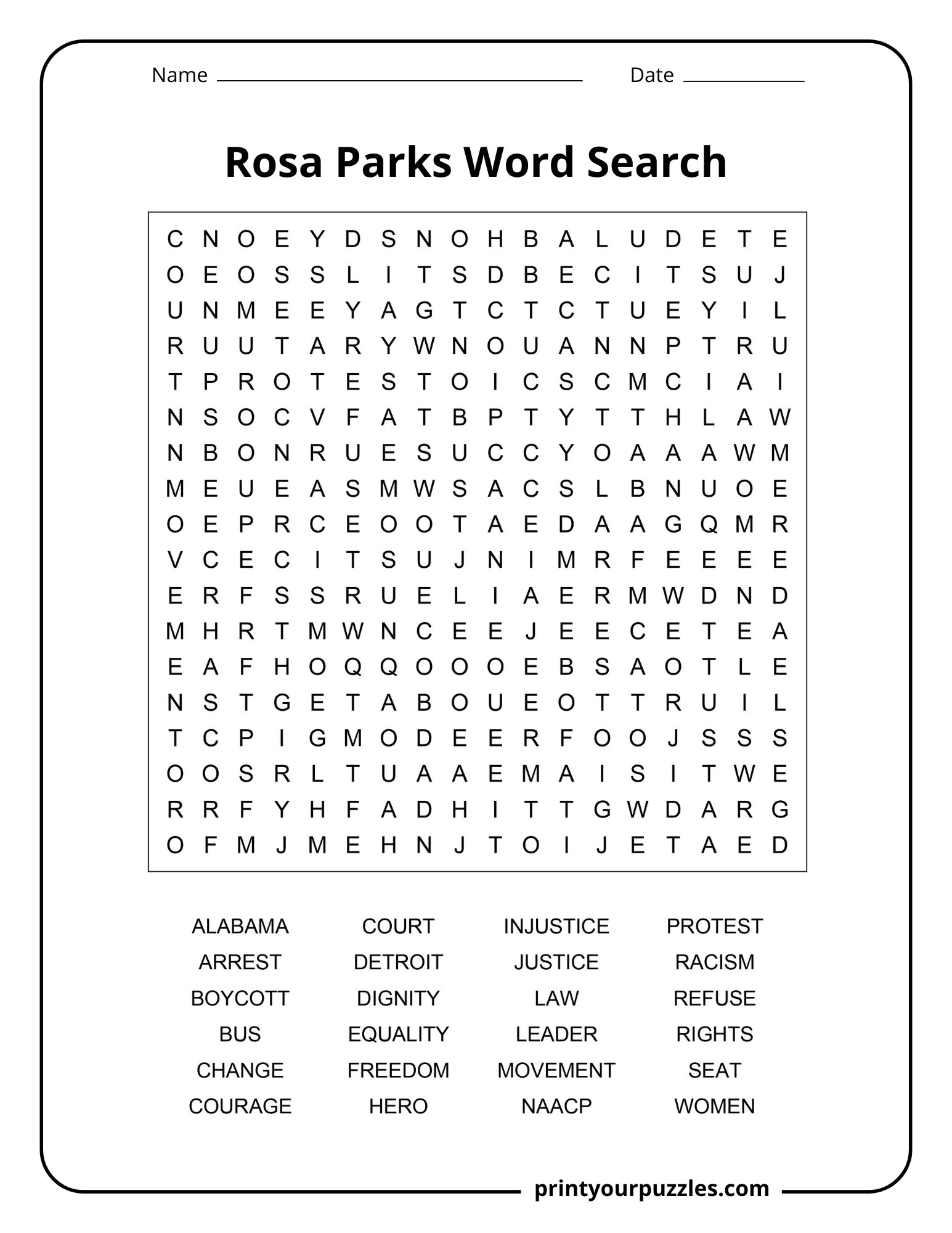 Medium Martin Luther King Jr. word search puzzle with 24 civil rights vocabulary words.