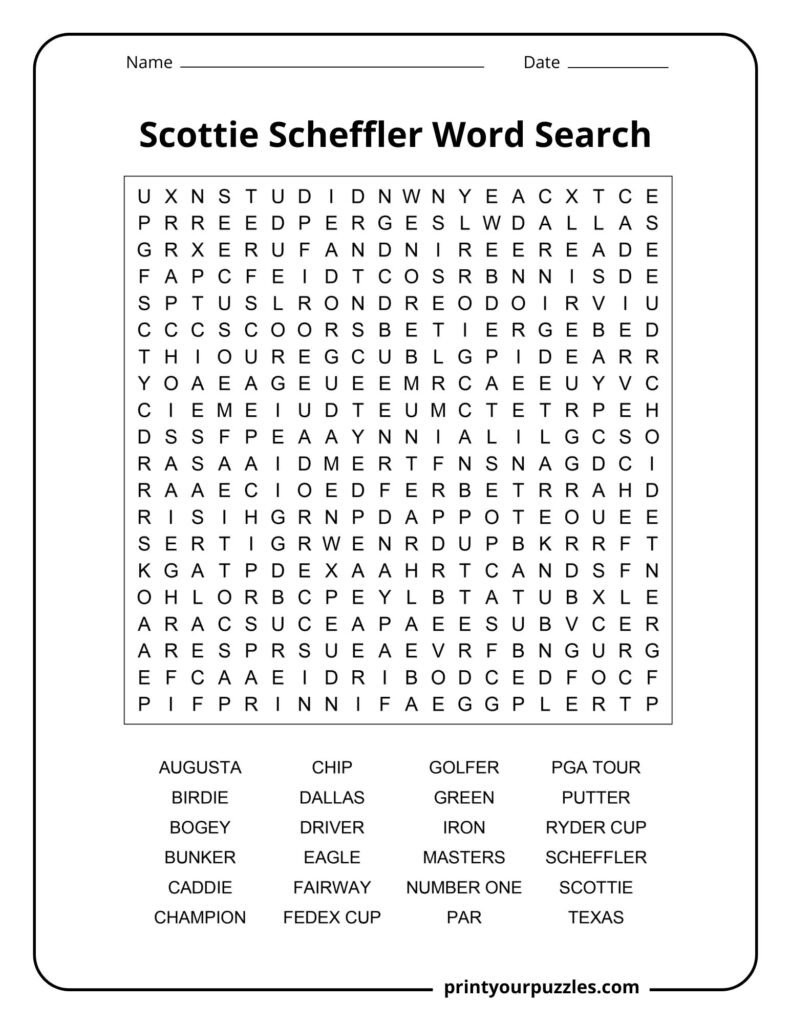 Scottie Scheffler hard word search puzzle featuring golf terms and major championship vocabulary.