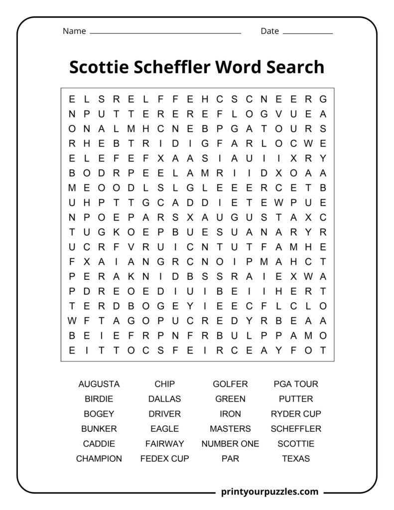 Scottie Scheffler medium word search printable with golf vocabulary and PGA Tour related keywords.