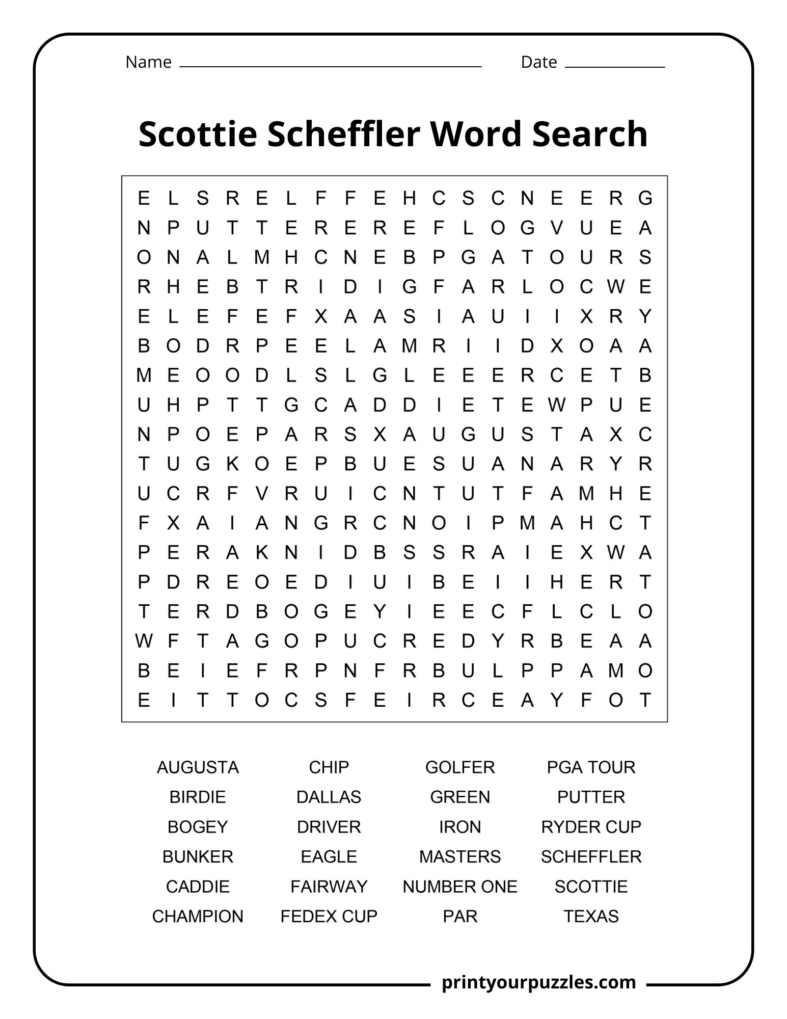 Scottie Scheffler medium word search printable with golf vocabulary and PGA Tour related keywords.