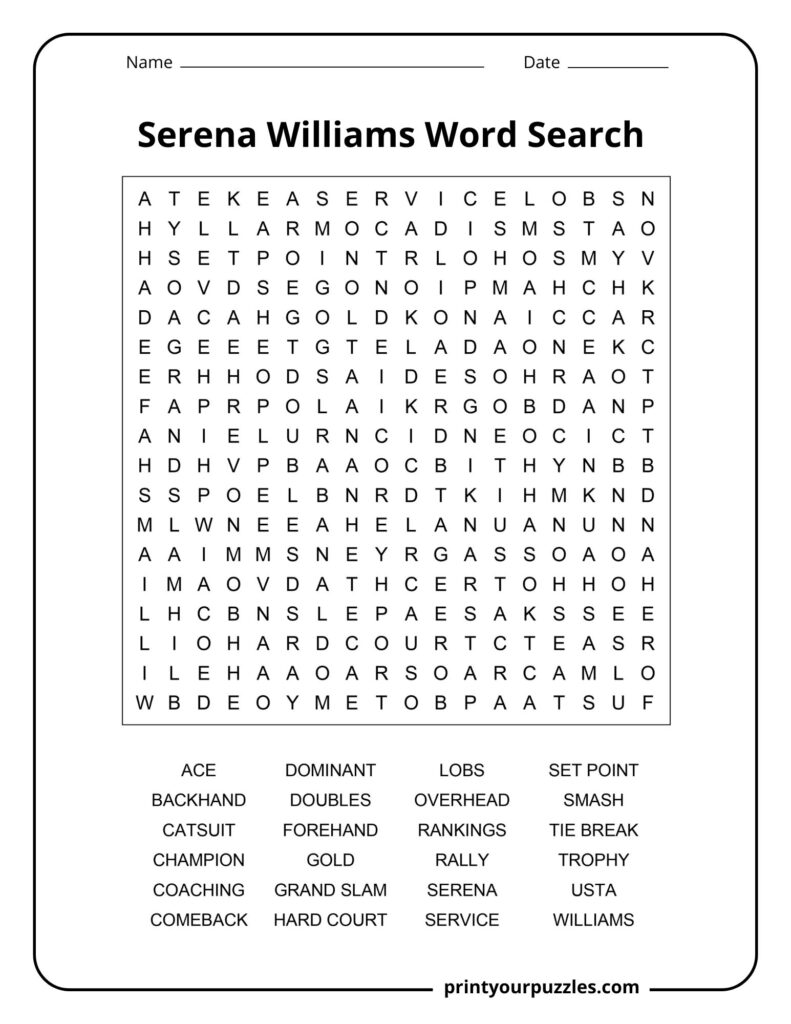 Serena Williams medium word search printable with tennis vocabulary and championship-related keywords.