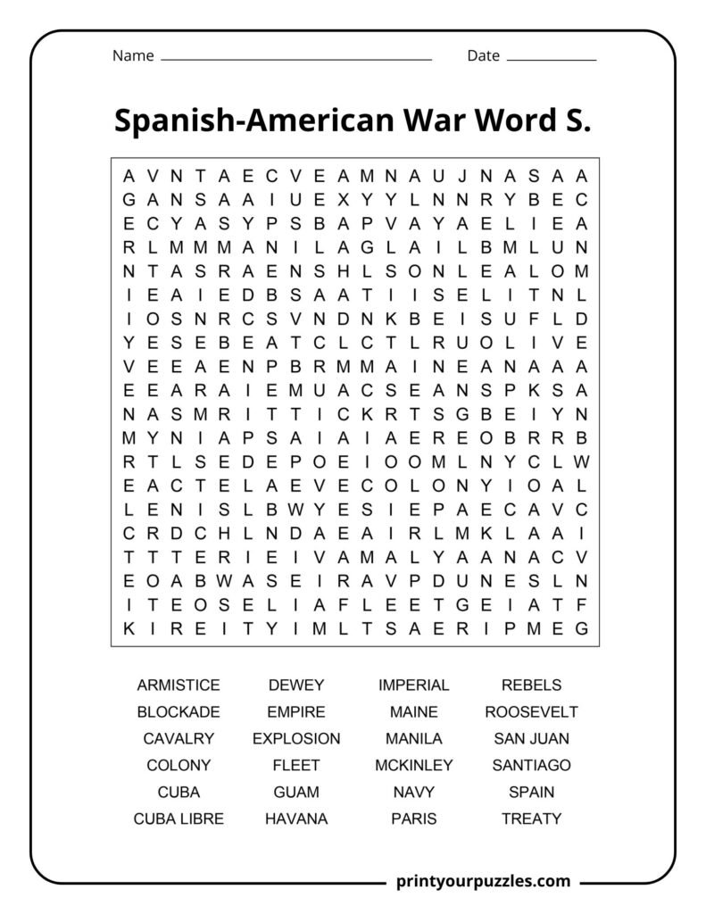 Hard Spanish-American War word search puzzle with 24 historical terms, people, places, and events.
