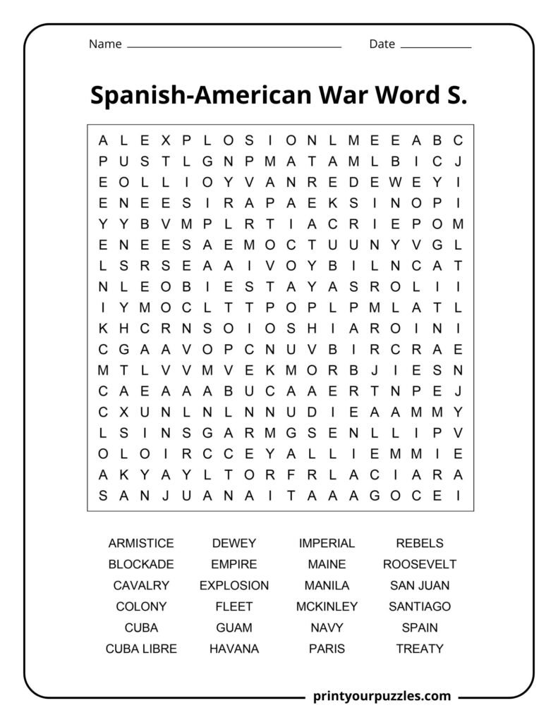Medium Spanish-American War word search puzzle with 24 historical terms, people, places, and events.