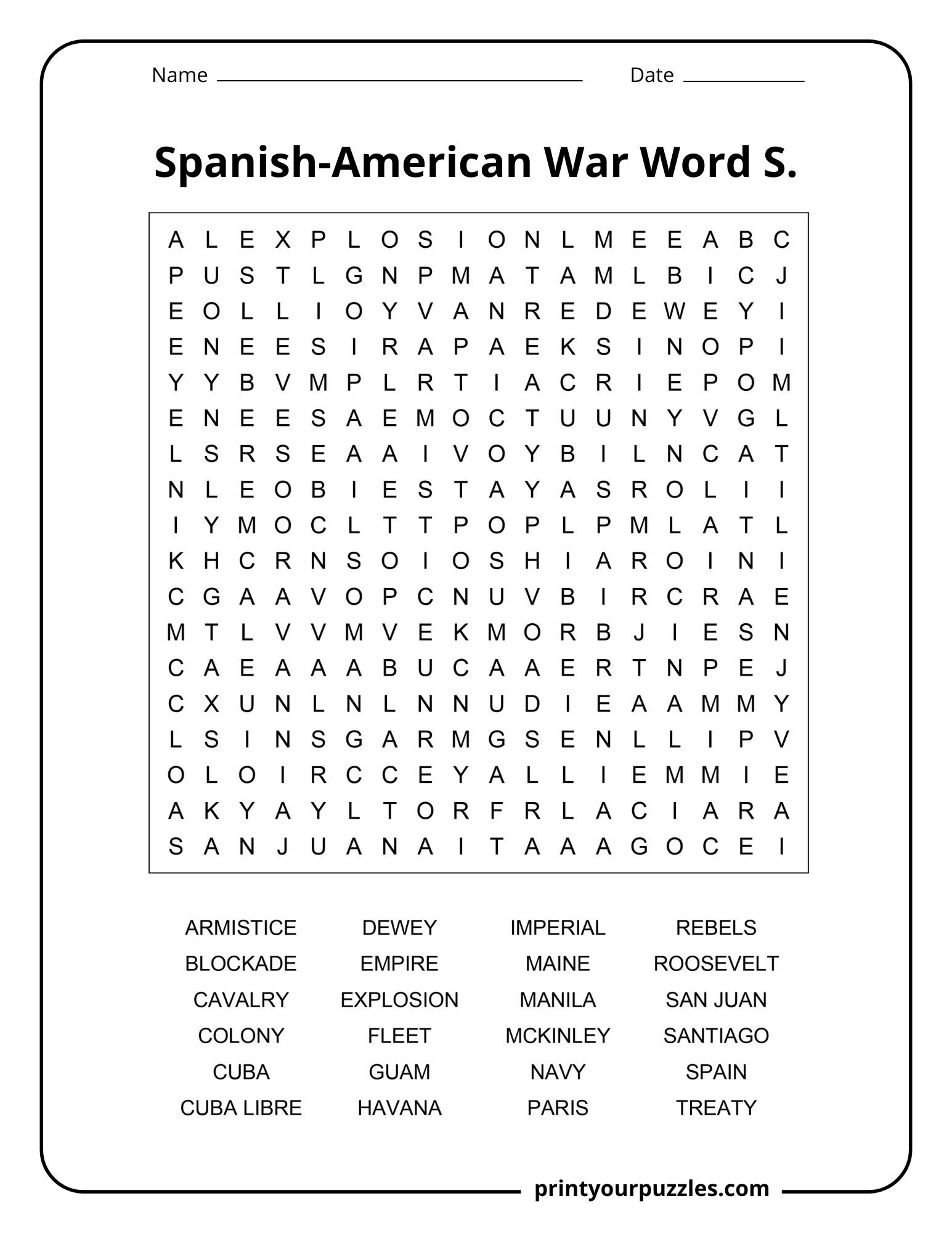 Medium Spanish-American War word search puzzle with 24 historical terms, people, places, and events.