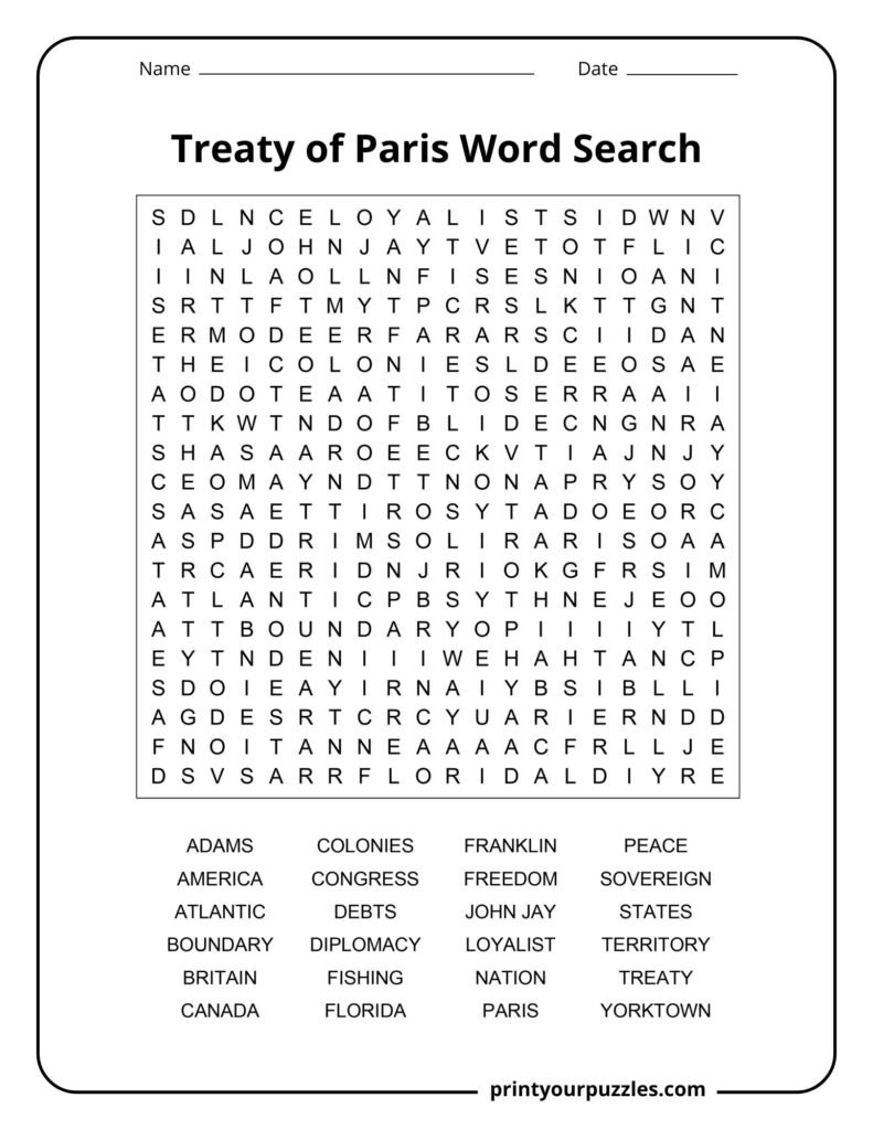 Hard Treaty of Paris word search puzzle with 24 terms about American independence and the 1783 peace agreement.
