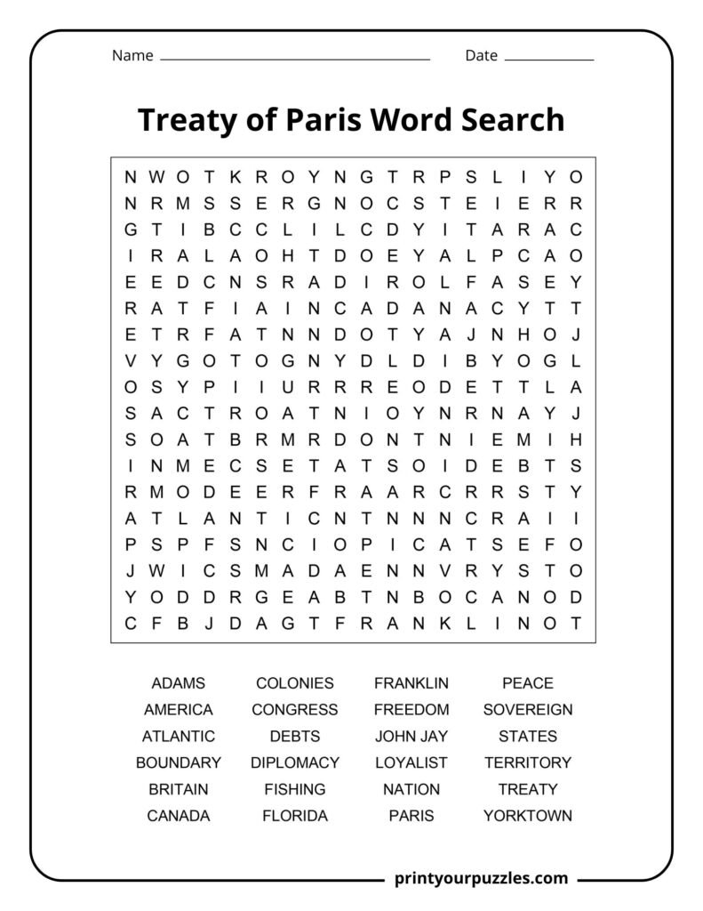 Medium Treaty of Paris word search puzzle with 24 terms about American independence and the 1783 peace agreement.