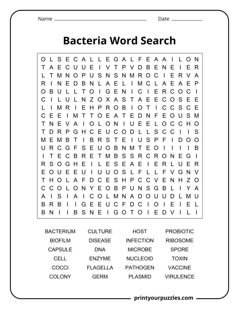 Hard bacteria word search printable with a 20×20 grid and 24 microbiology vocabulary terms.