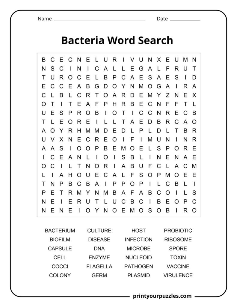 Medium bacteria word search printable with an 18×18 grid and 24 microbiology vocabulary terms.