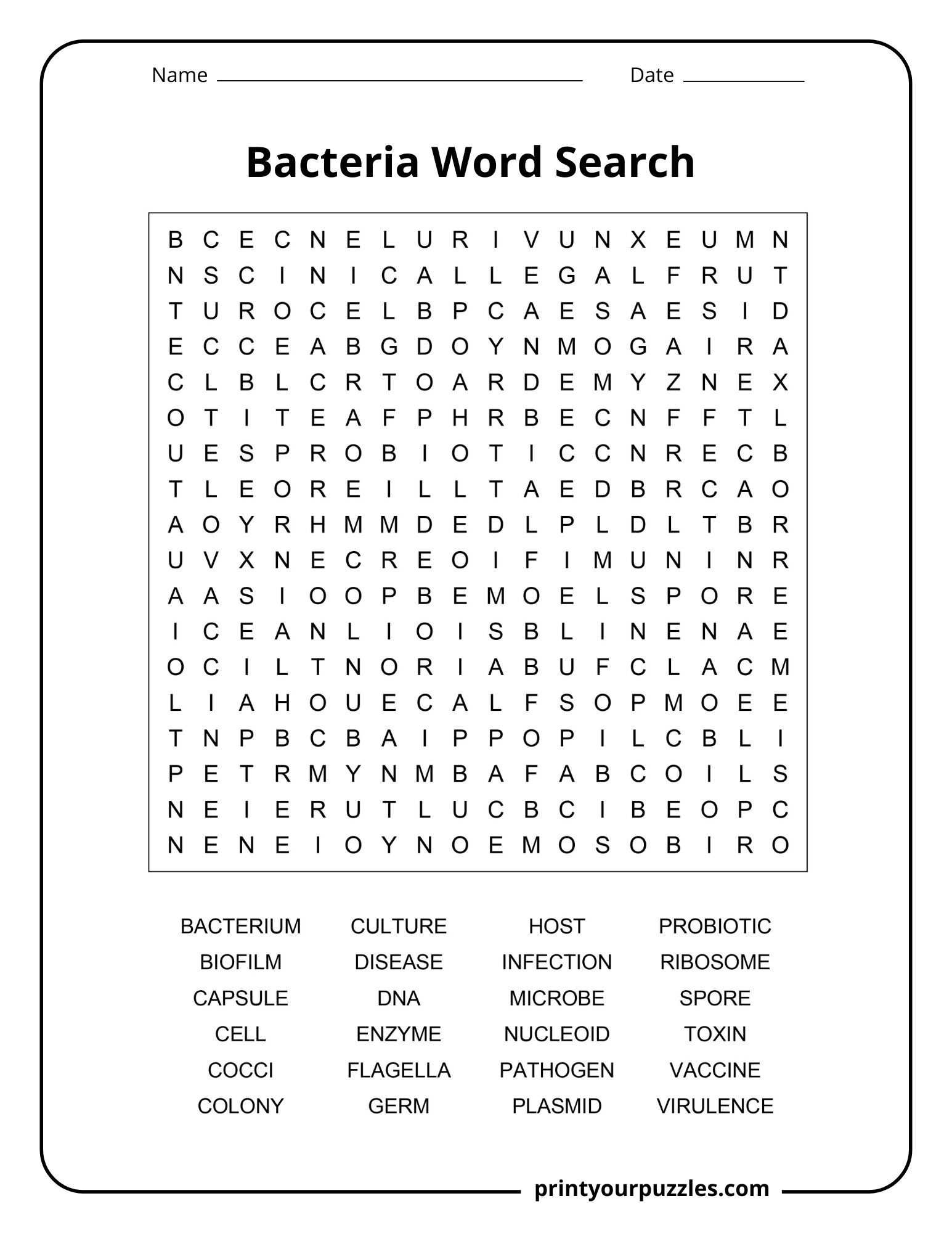 Medium bacteria word search printable with an 18×18 grid and 24 microbiology vocabulary terms.