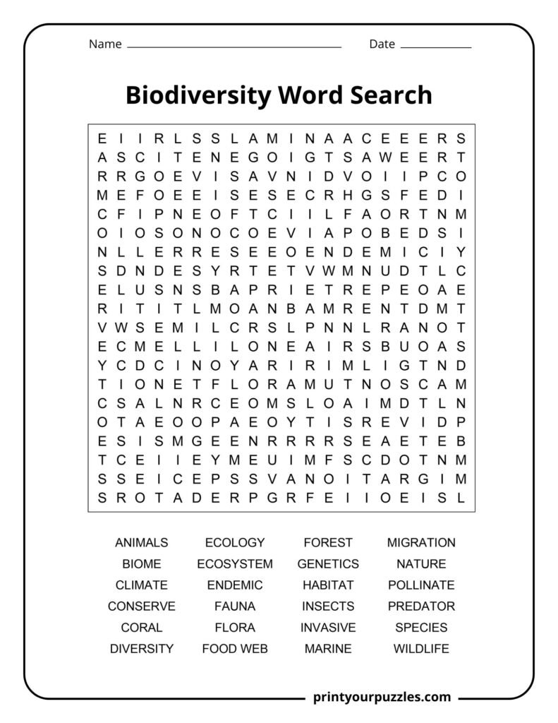 Hard biodiversity word search printable with a 20×20 grid and 24 ecology and wildlife terms.
