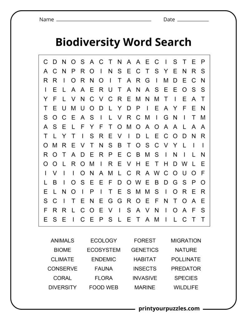 Medium biodiversity word search printable with an 18×18 grid and 24 environmental vocabulary terms.