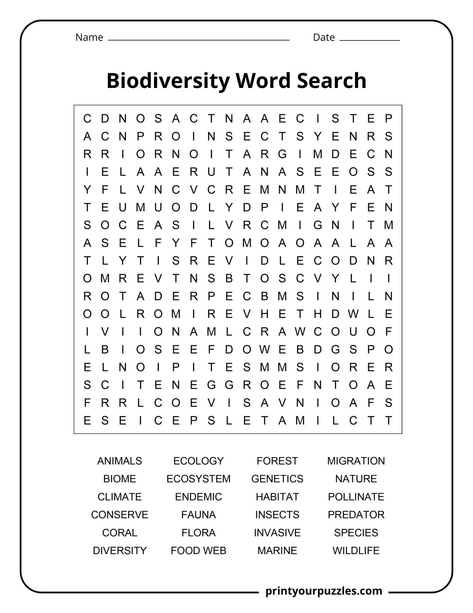 Medium biodiversity word search printable with an 18×18 grid and 24 environmental vocabulary terms.