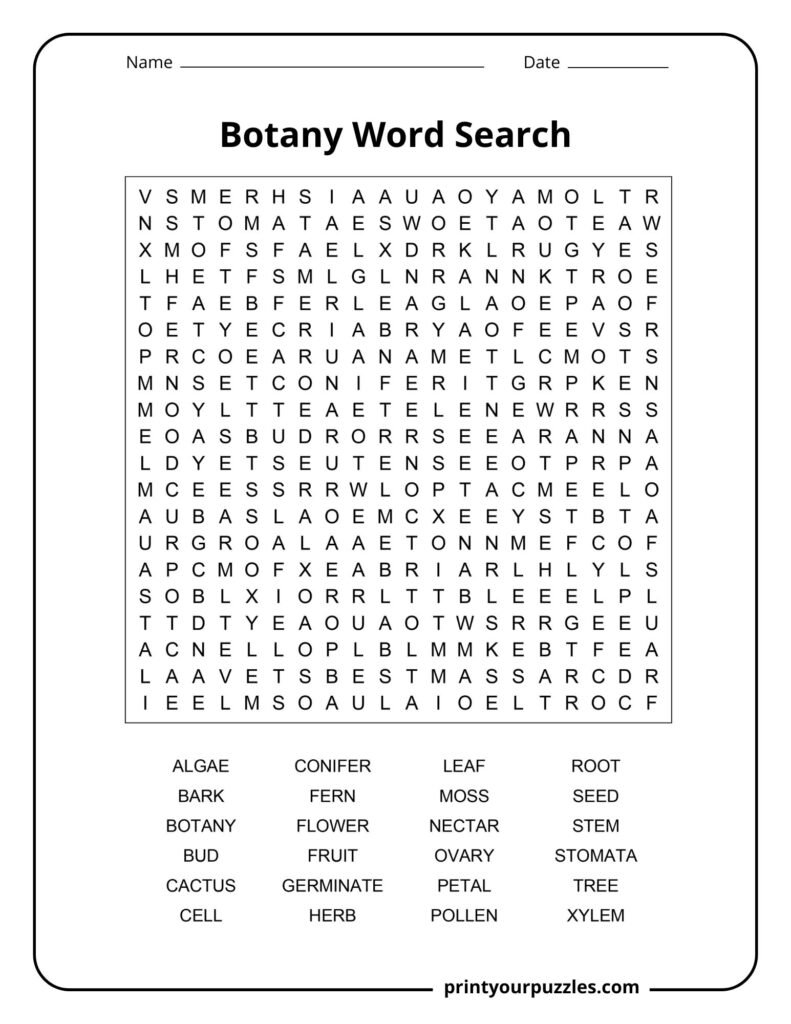 Hard botany word search printable with a 20×20 letter grid and 24 plant science terms.