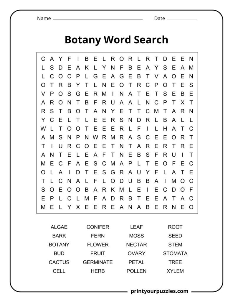 Medium botany word search printable with an 18×18 letter grid and 24 plant vocabulary terms.