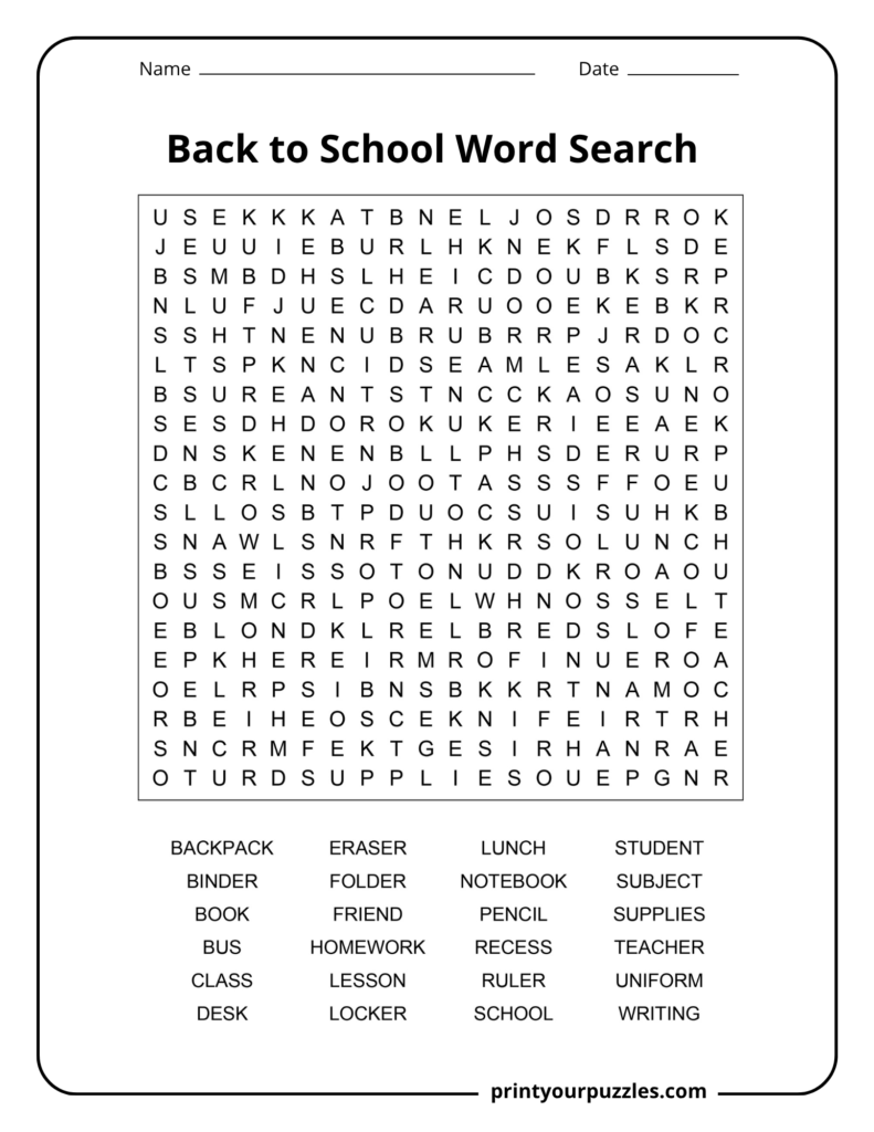 Hard back to school word search puzzle with 24 terms including backpack, homework, teacher, notebook, and supplies.