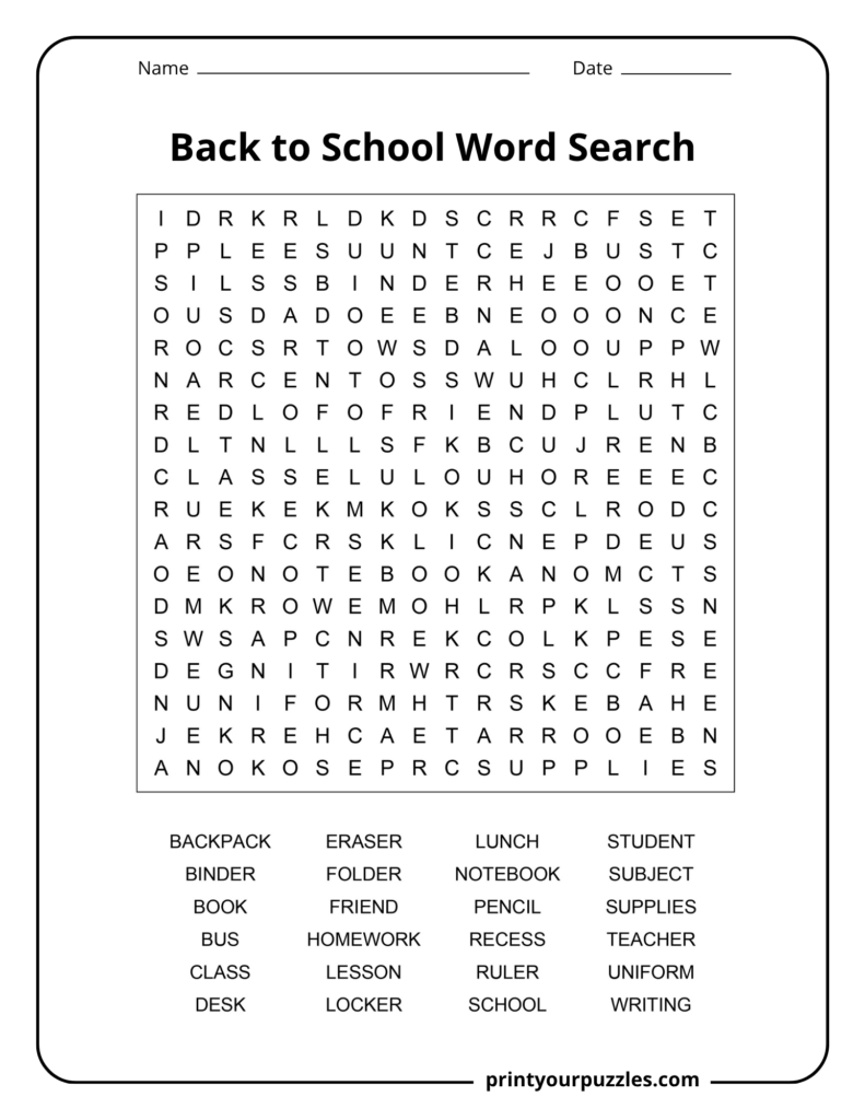 Medium back to school word search puzzle with 24 school terms including teacher, student, class, pencil, lunch, and notebook.