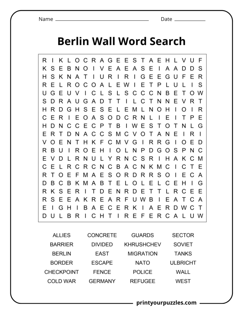 Hard Berlin Wall word search printable with 24 Cold War terms in a challenging 20×20 letter grid.