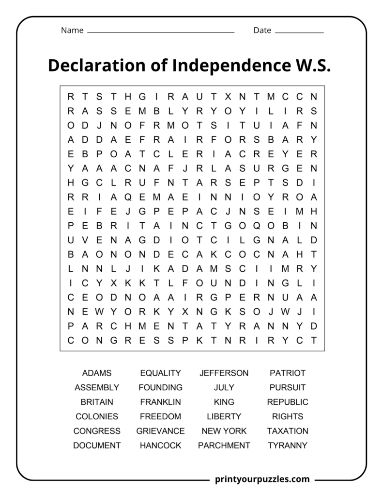 Hard Declaration of Independence word search printable with 24 U.S. history terms in a challenging 20×20 grid.