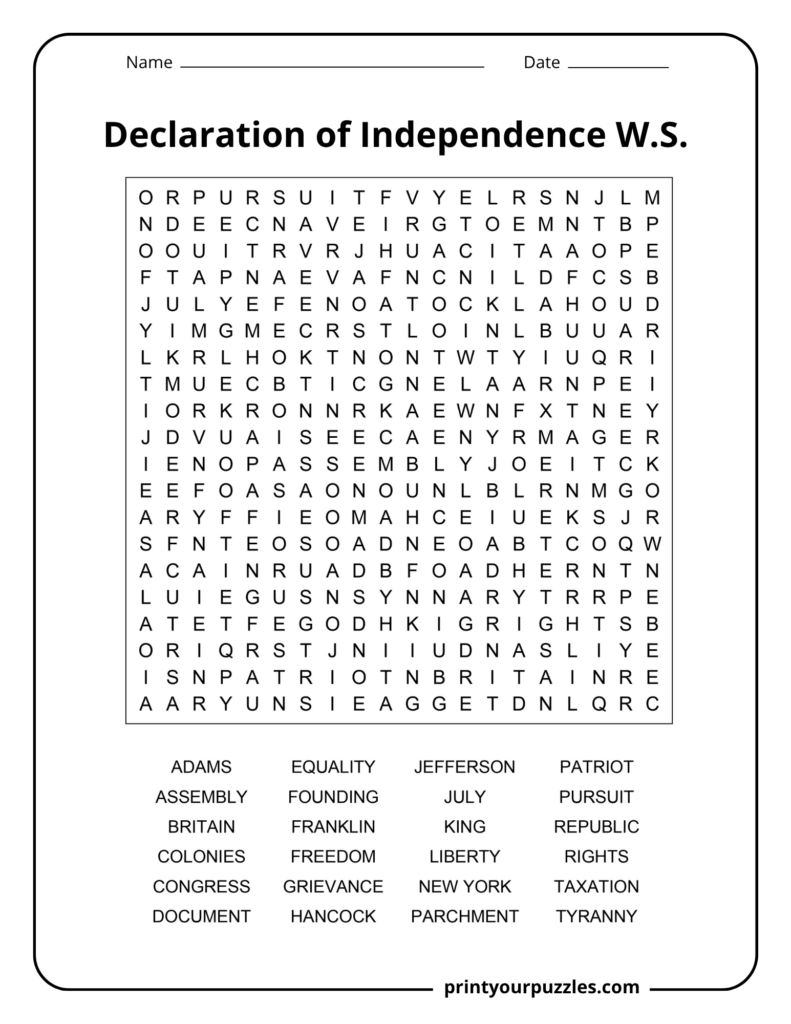 Medium Declaration of Independence word search printable with 24 U.S. history terms in an accessible 18×18 grid.