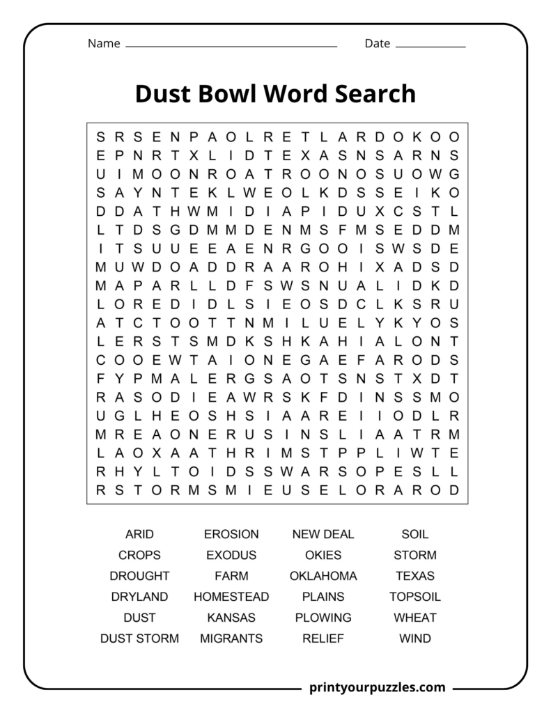 Hard Dust Bowl word search printable with 24 Great Depression and farming terms in a challenging 20×20 grid.