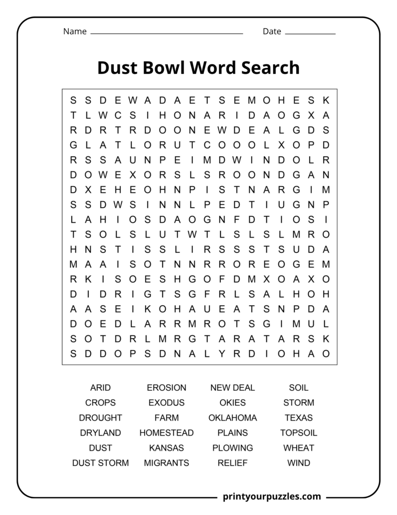 Medium Dust Bowl word search printable with 24 Great Depression and farming terms in an accessible 18×18 grid.