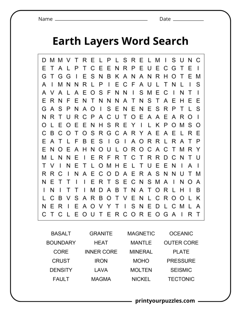 Hard Earth layers word search puzzle with 24 geology terms including mantle, crust, core, magma, basalt, and tectonic.