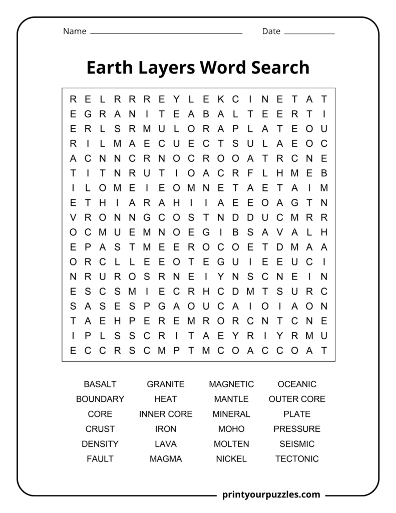 Medium Earth layers word search puzzle with 24 Earth science terms including crust, mantle, core, magma, iron, and seismic.