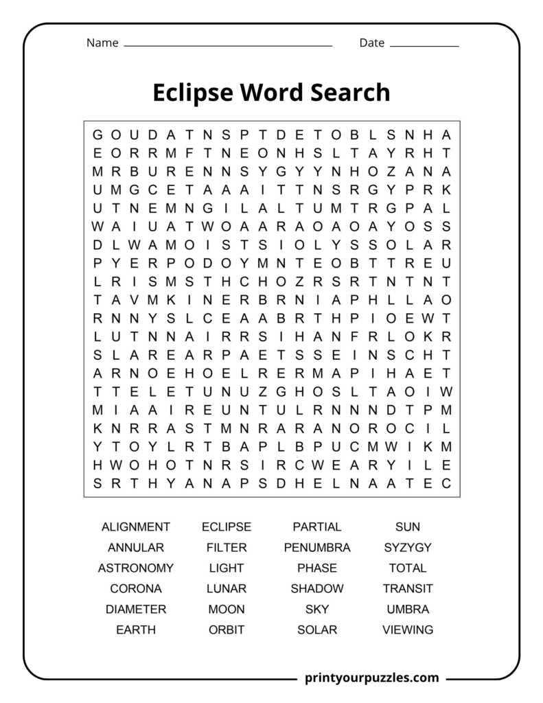 Hard eclipse word search puzzle with 24 astronomy terms including solar, lunar, umbra, corona, orbit, and syzygy.