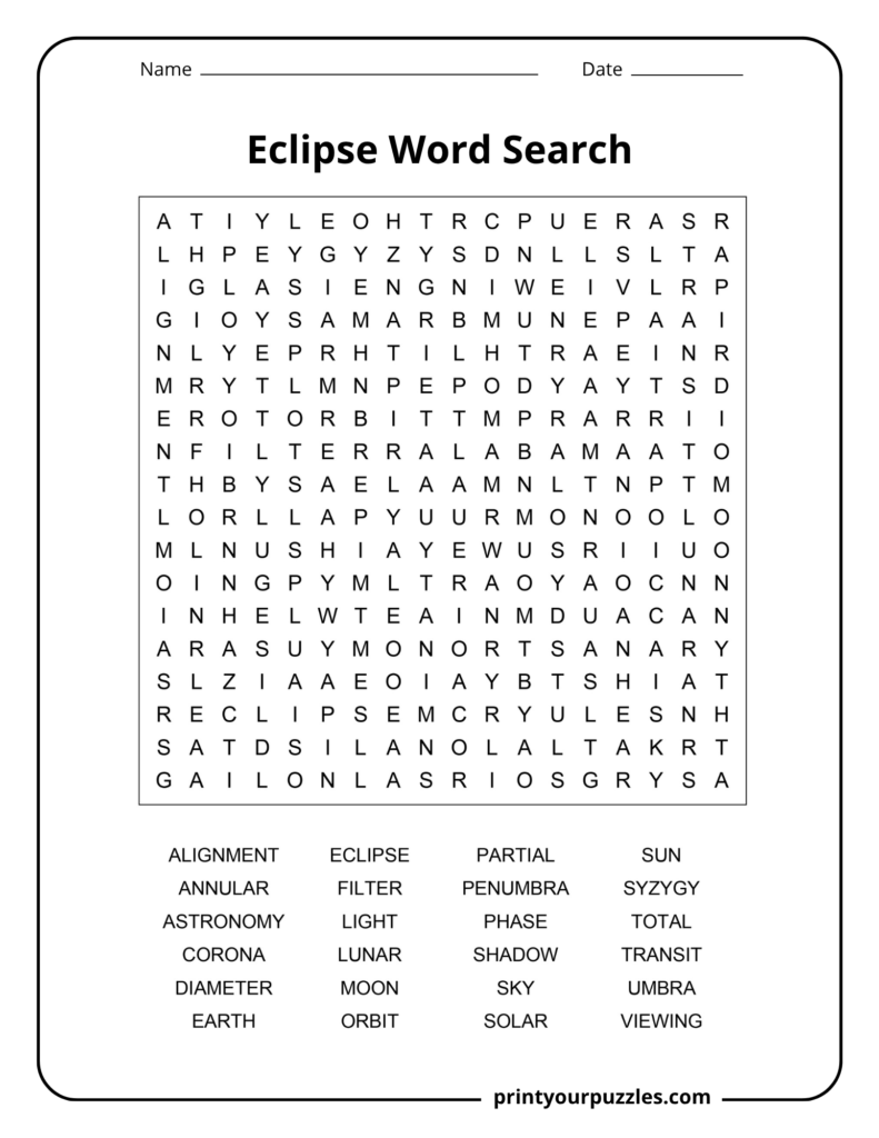 Medium eclipse word search puzzle with 24 space terms including eclipse, moon, Earth, shadow, corona, orbit, and solar.
