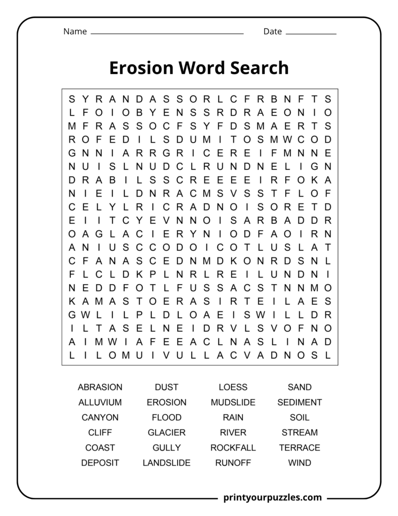 Hard erosion word search puzzle with 24 geology terms including abrasion, sediment, glacier, runoff, canyon, and wind.