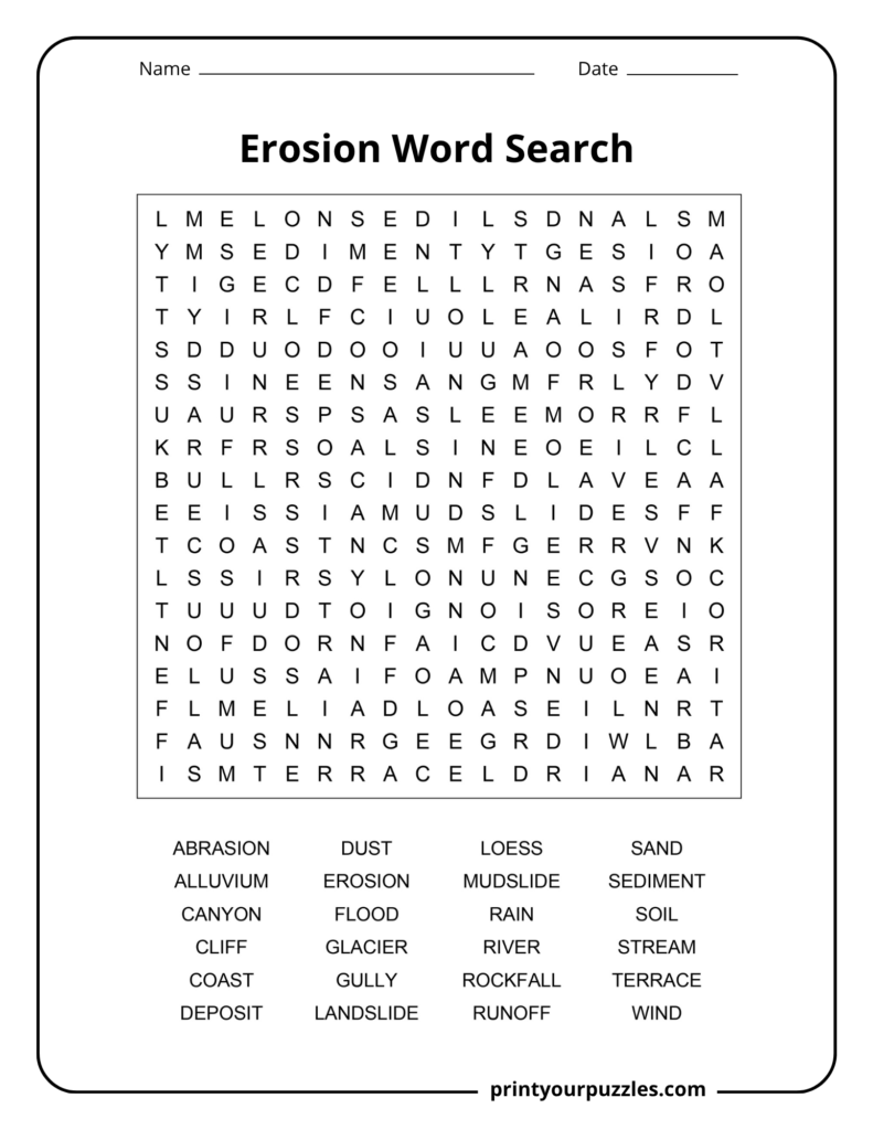 Medium erosion word search puzzle with 24 Earth science terms including erosion, river, soil, glacier, sediment, and runoff.