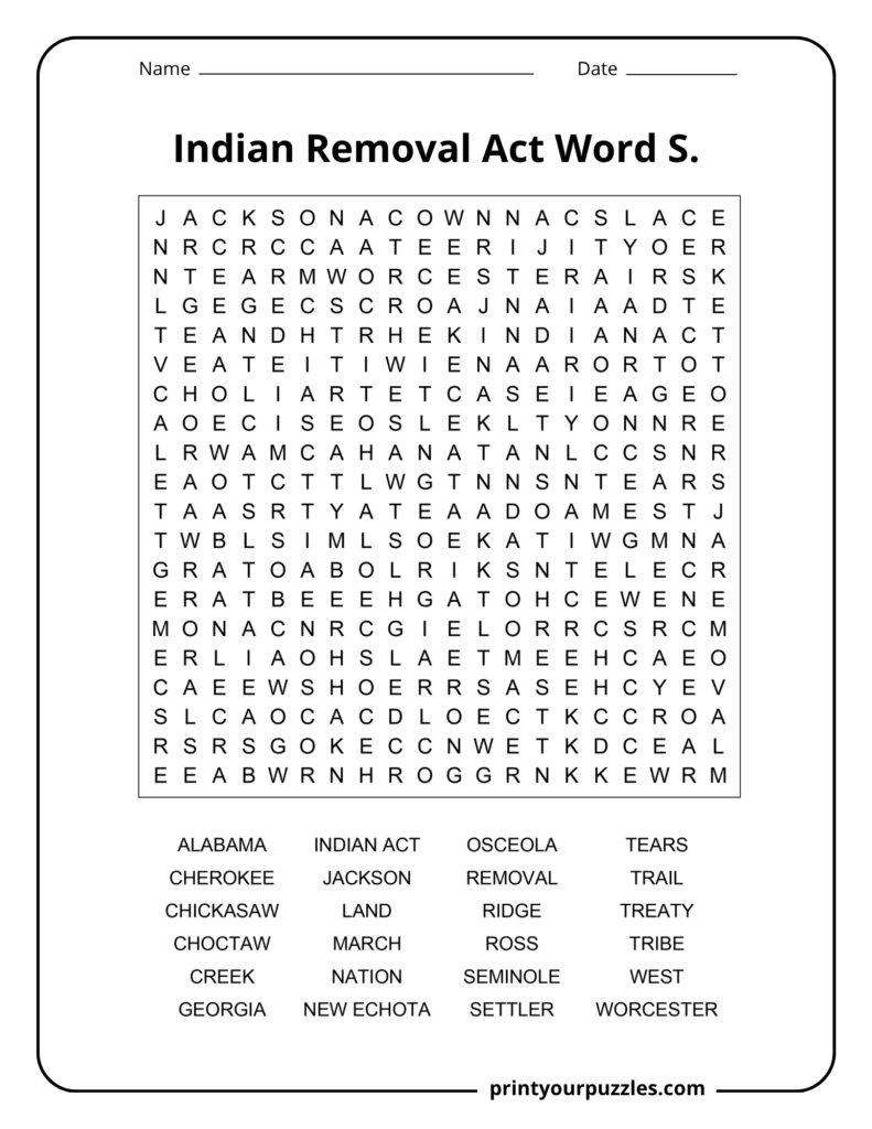 Hard Indian Removal Act word search printable with 24 U.S. history terms in a challenging 20×20 letter grid.