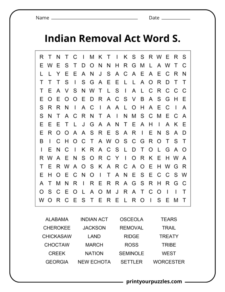 Medium Indian Removal Act word search printable with 24 U.S. history terms in an accessible 18×18 letter grid.