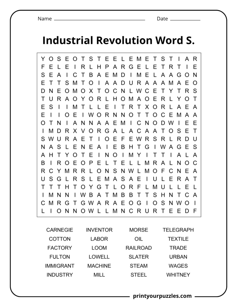 Hard Industrial Revolution word search printable with 24 U.S. industry and invention terms in a 20×20 grid.