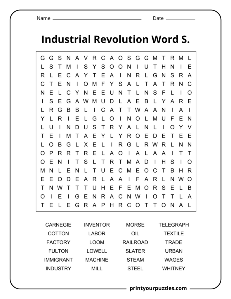 Medium Industrial Revolution word search printable with 24 U.S. industry and invention terms in an 18×18 grid.